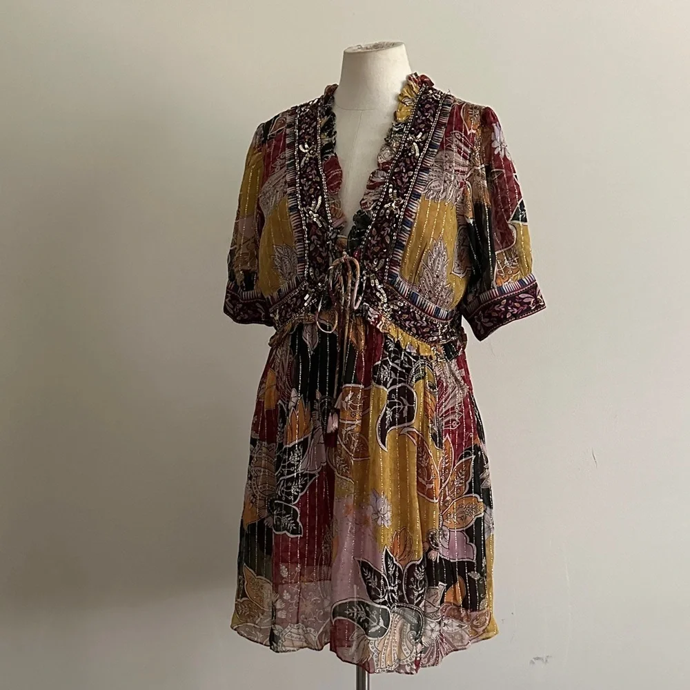 ANTHROPOLOGIE Beaded Sequin Shimmer Mini Dress Bohemian sz Medium - Picture 2 of 9